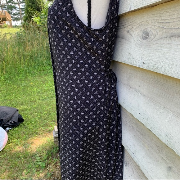 Vintage 90s Black Diamond Monogram Print Button Up Sleeveless Casual Maxi Dress - Picture 13 of 16